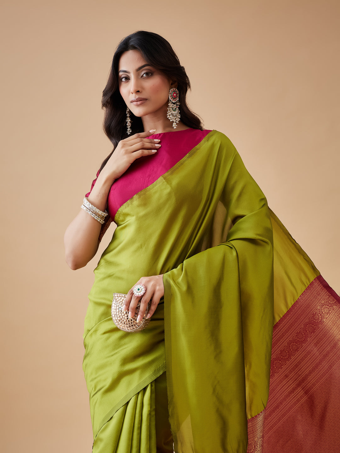 KASEE Women's Green Art Silk Saree with Contrast Rose Gold Pallu