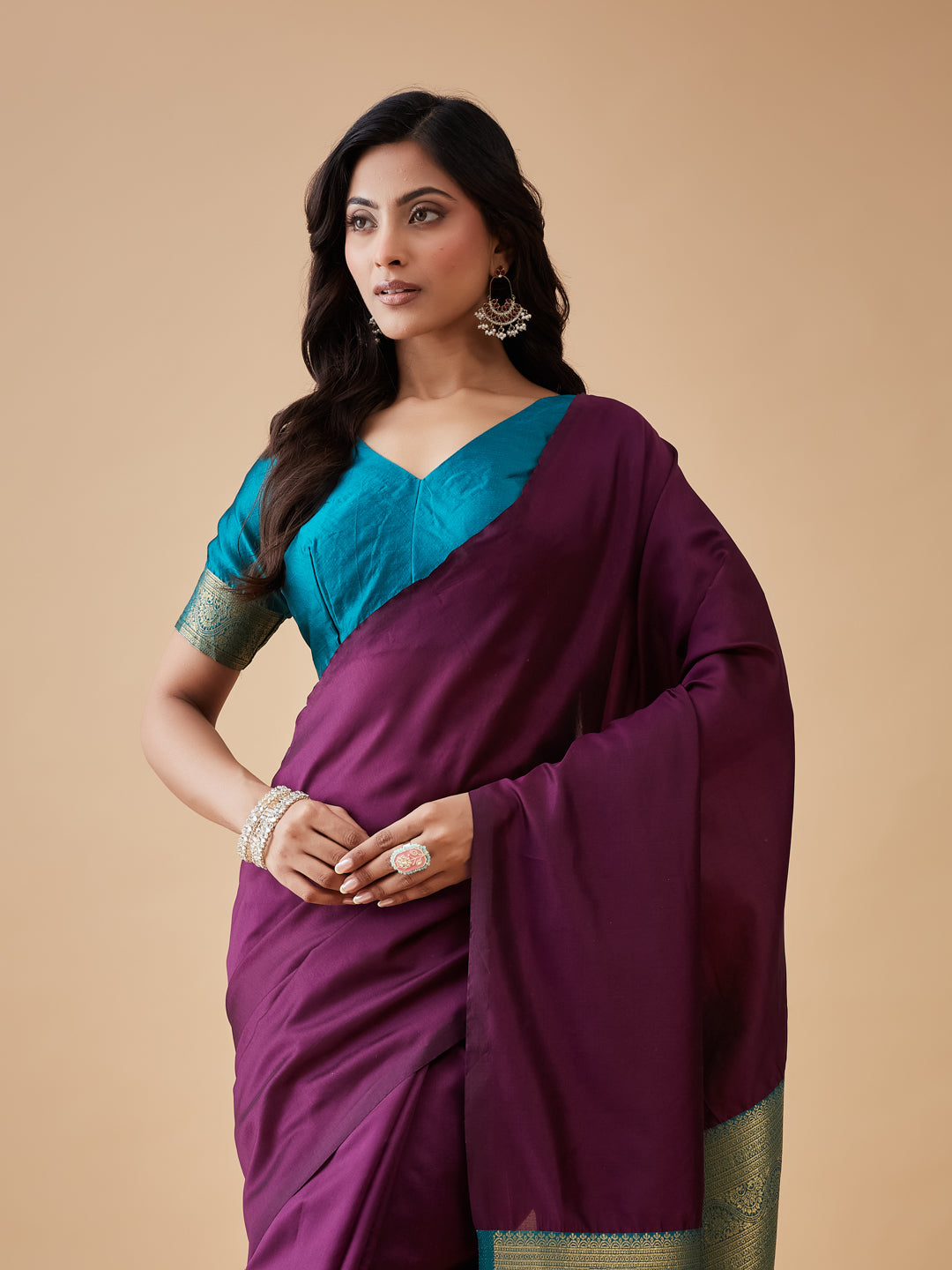 KASEE Women's Plum Purple Art Silk Saree with Teal Contrast Pallu and Zari Border