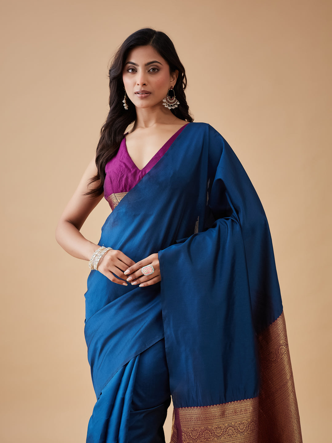 KASEE Women's Turquoise Blue Art Silk Saree with Contrast Rose Gold Pallu