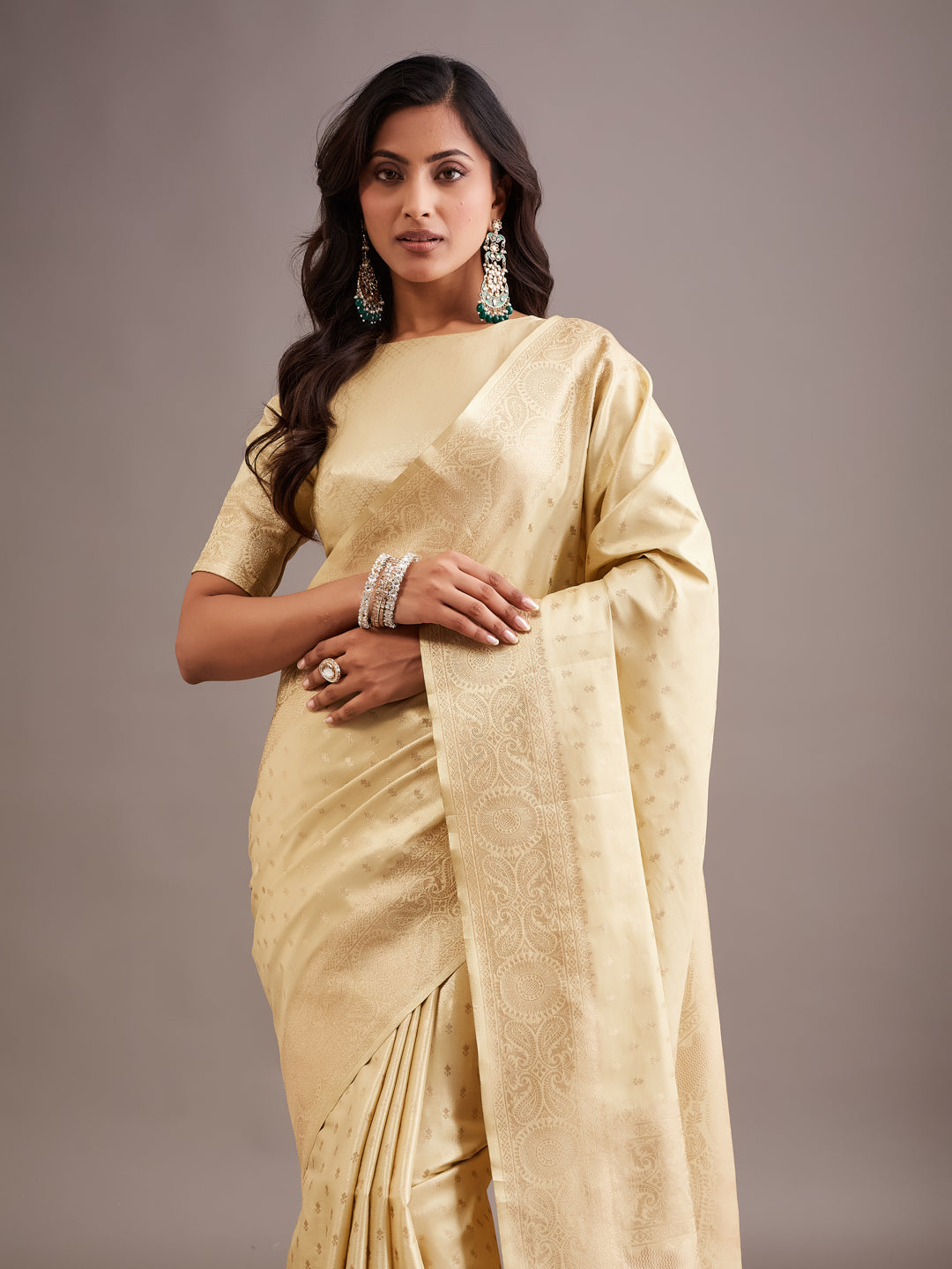 KASEE Women's Cream Art Silk Saree with Self Woven Motifs and Elegant Pallu
