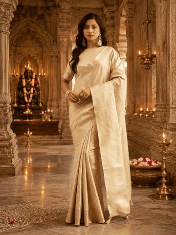 KASEE Women's Cream Art Silk Saree with Self Woven Motifs and Elegant Pallu