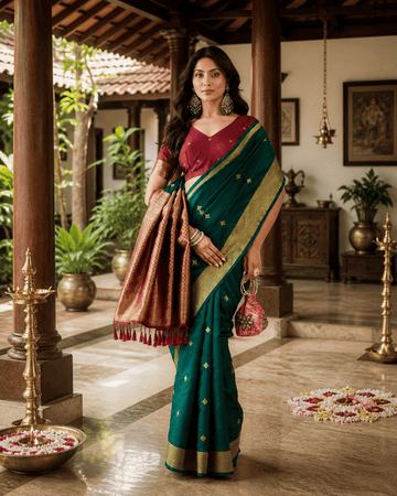 KASEE Women's Bottle Green Art Silk Saree with Gold Zari Buti and Contrast Red Woven Pallu