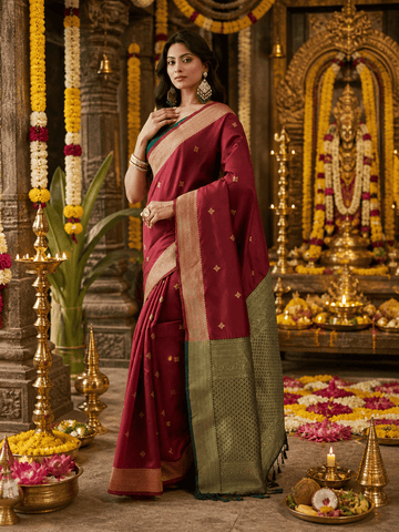 KASEE Women's Maroon Art Silk Saree with Gold Zari Buti and Olive Contrast Pallu