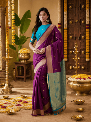 KASEE Women's Purple Art Silk Saree with Teal Contrast Pallu and Zari Buti