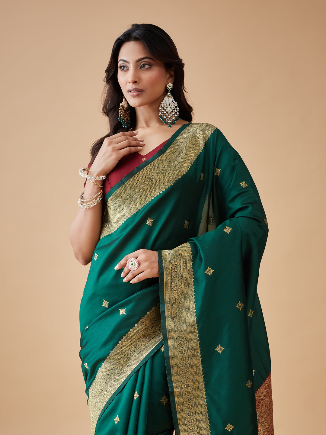 KASEE Women's Bottle Green Art Silk Saree with Gold Zari Buti and Contrast Red Woven Pallu