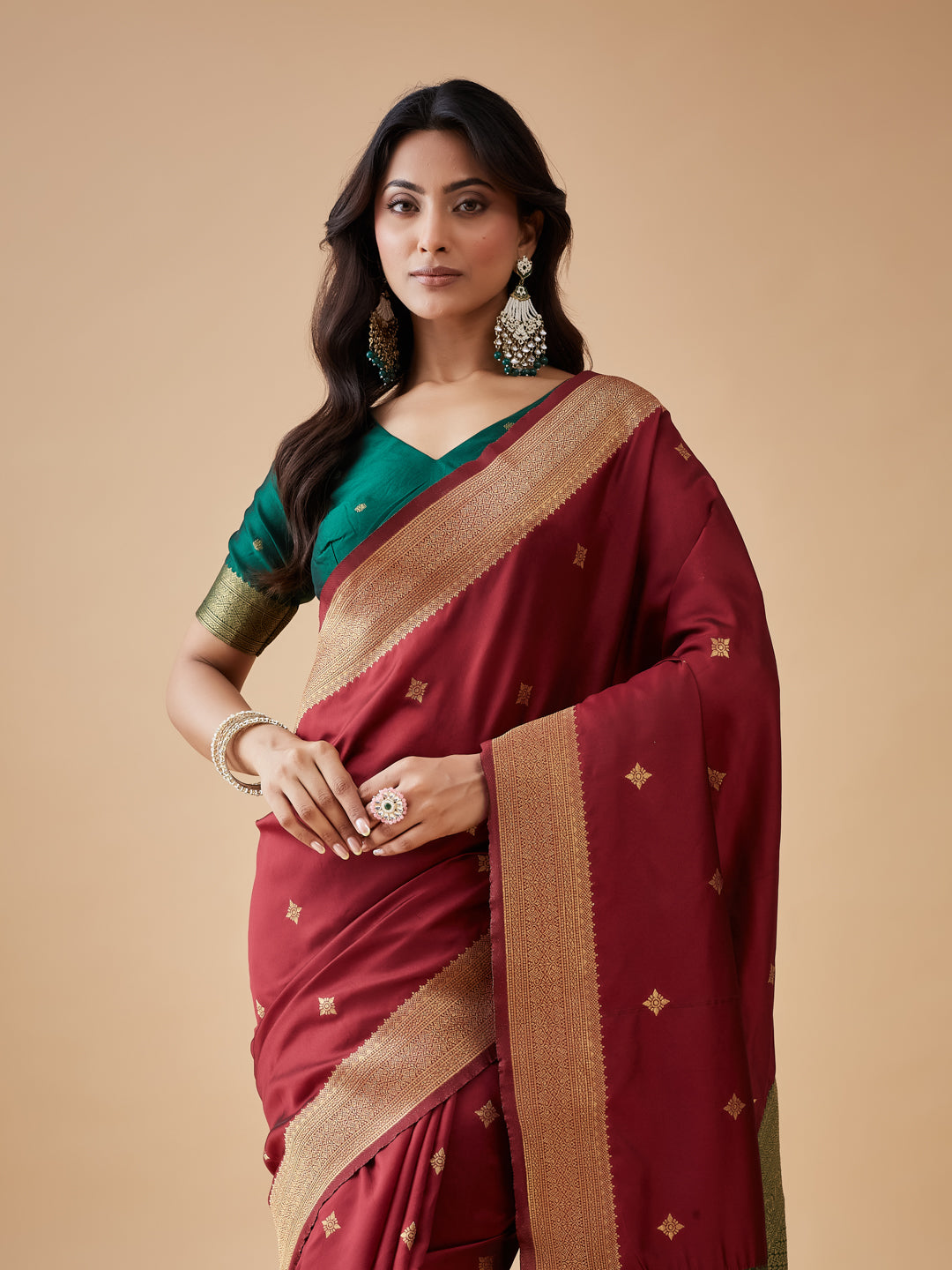 KASEE Women's Maroon Art Silk Saree with Gold Zari Buti and Olive Contrast Pallu