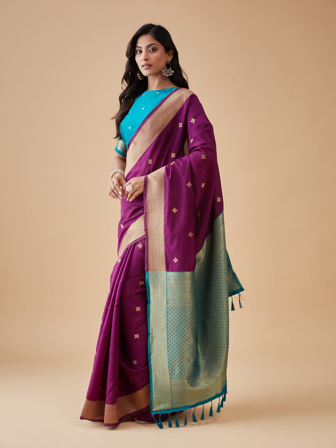 KASEE Women's Purple Art Silk Saree with Teal Contrast Pallu and Zari Buti