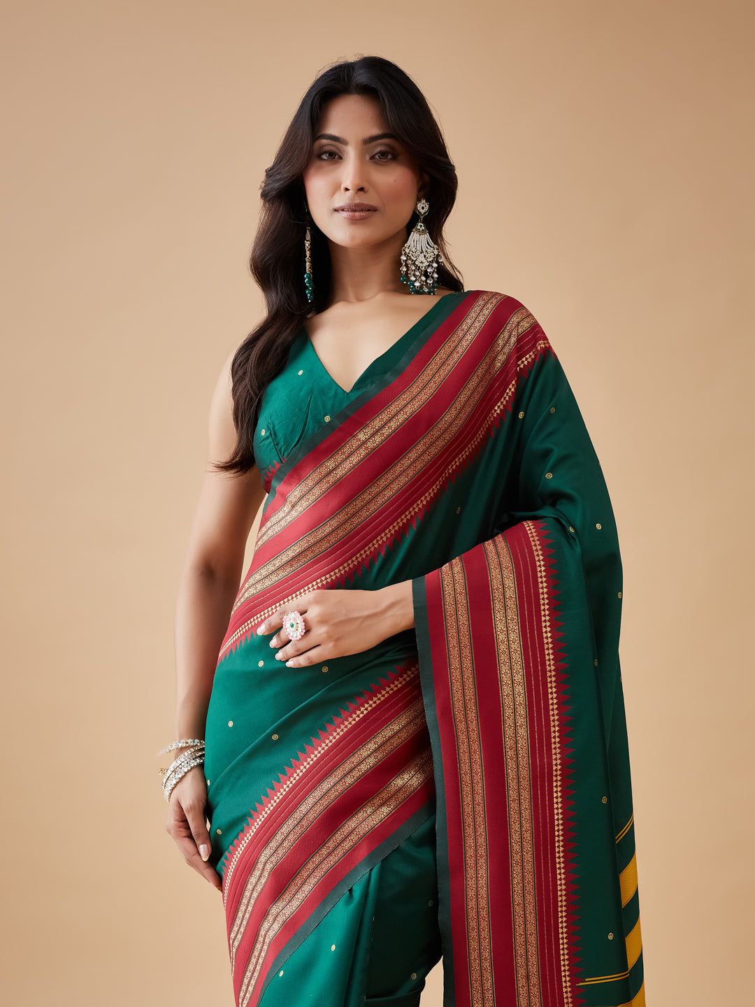 KASEE Women's Teal Green Art Silk Saree with Red Zari Border and Striped Pallu