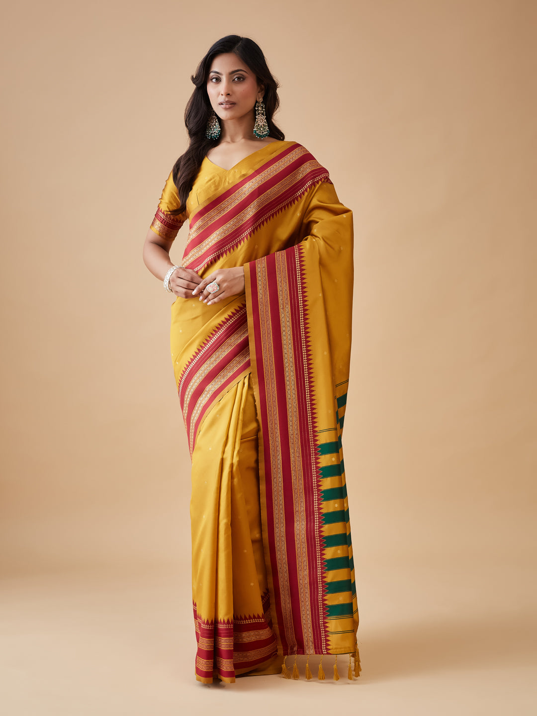 KASEE Women's Mustard Yellow Art Silk Saree with Red Zari Striped Pallu