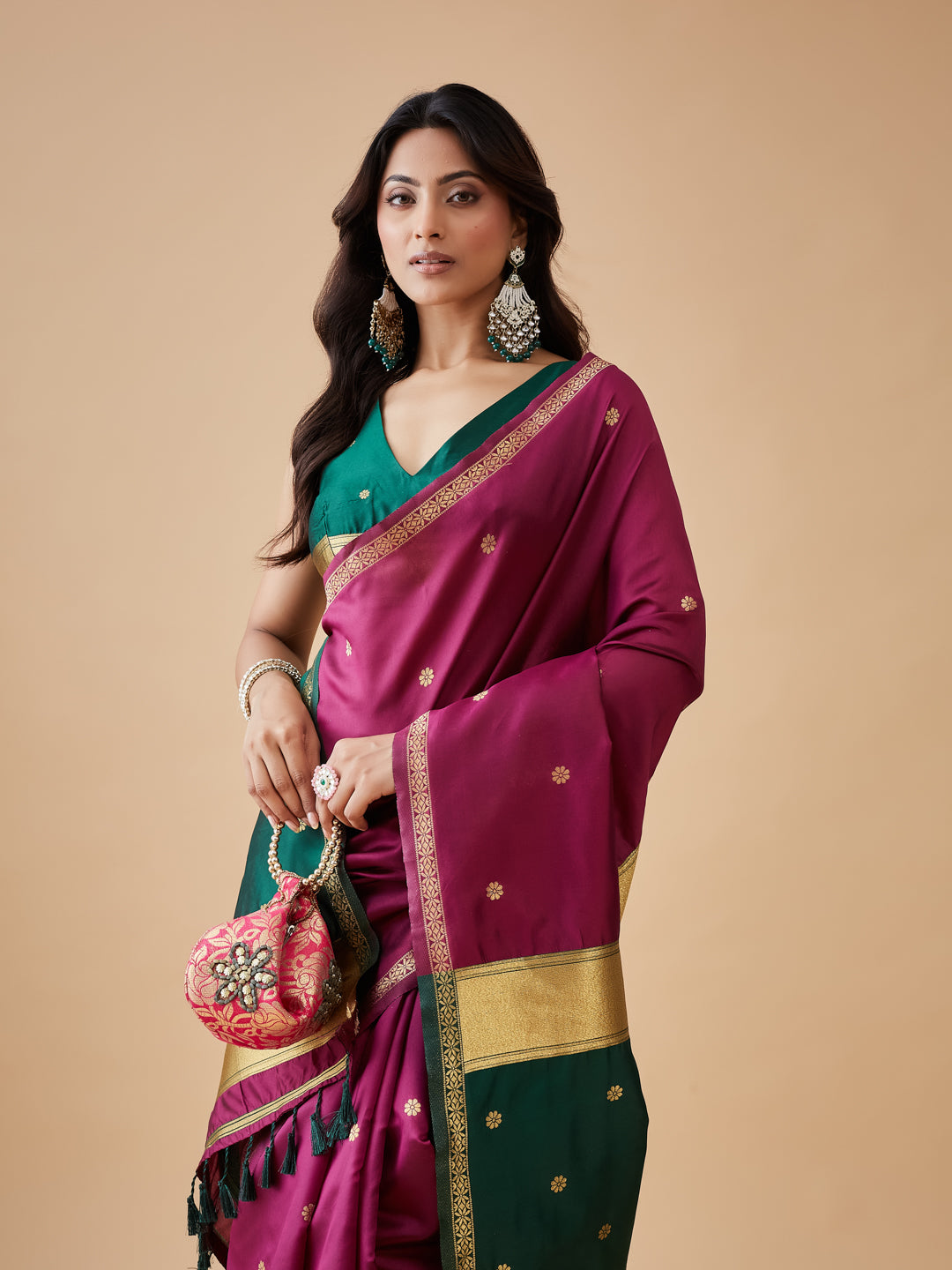 KASEE Women's Magenta & Green Art Silk Saree with Zari Border and Buti Detailing