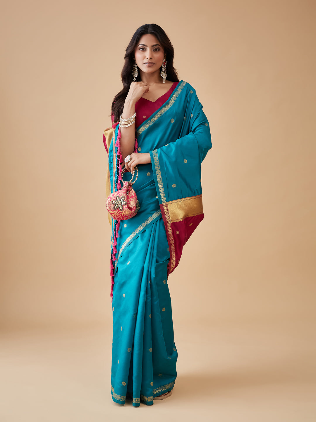 KASEE Women's Rani Art Silk Saree with Zari Border and Buti Detailing
