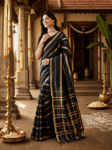 KASEE Women's Black Art Silk Saree with Gold Zari Stripes and Checked Pallu