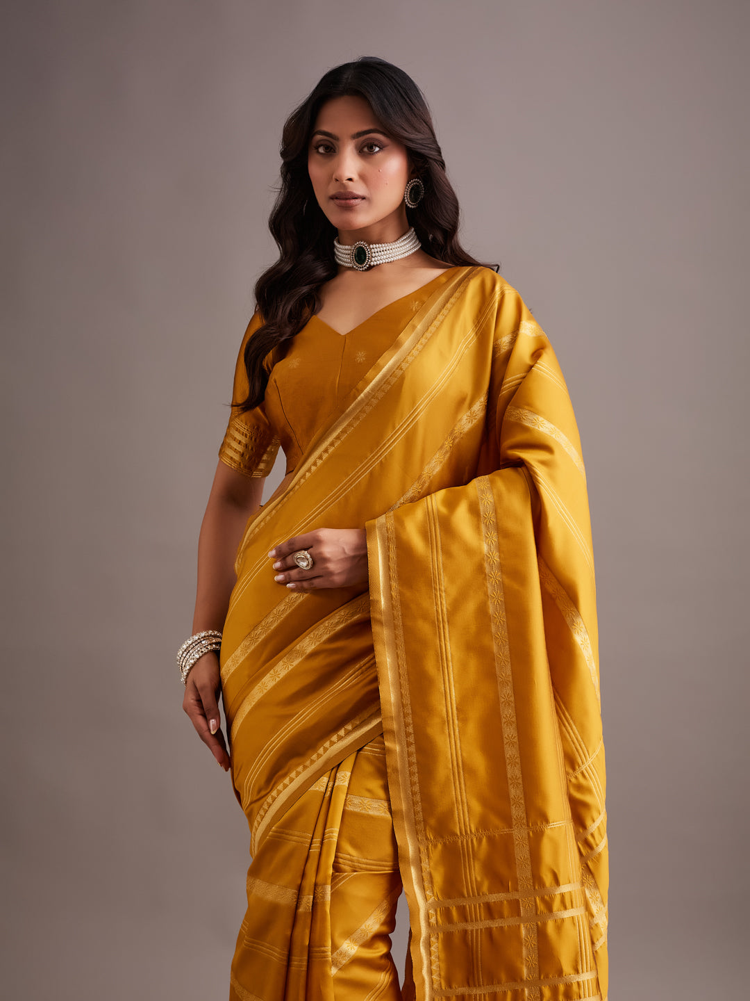 KASEE Women's Mustard Art Silk Saree with Zari Stripes and Checked Pallu