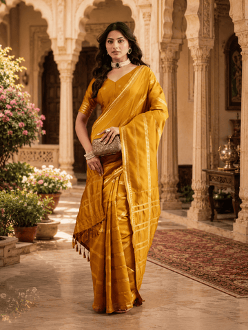 KASEE Women's Mustard Art Silk Saree with Zari Stripes and Checked Pallu