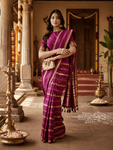 KASEE Women's Wine Purple Art Silk Saree with Gold Zari Stripes and Rich Pallu