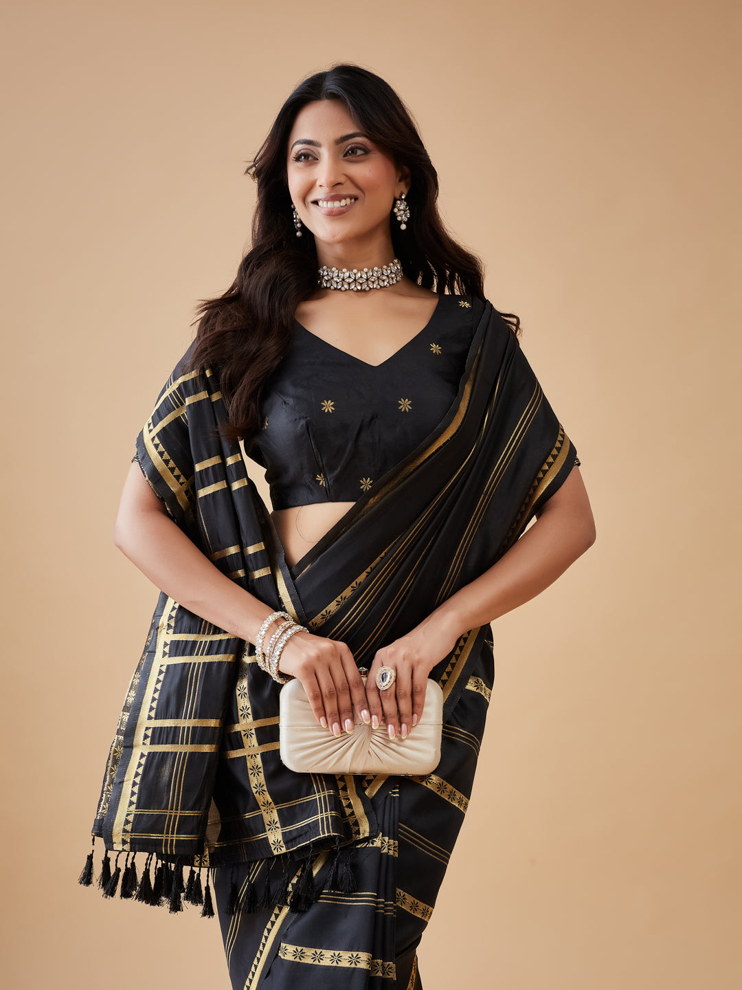 KASEE Women's Black Art Silk Saree with Gold Zari Stripes and Checked Pallu