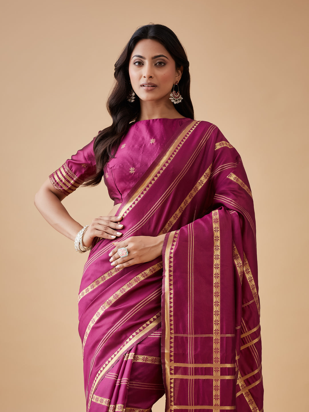 KASEE Women's Wine Purple Art Silk Saree with Gold Zari Stripes and Rich Pallu