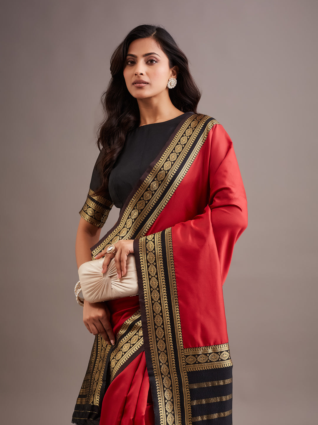 KASEE Women's Red Art Silk Saree with Black Zari Woven Border and Striped Pallu