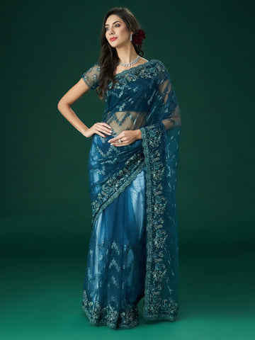 KASEE Women Petrol Blue Embellished Net Sarees