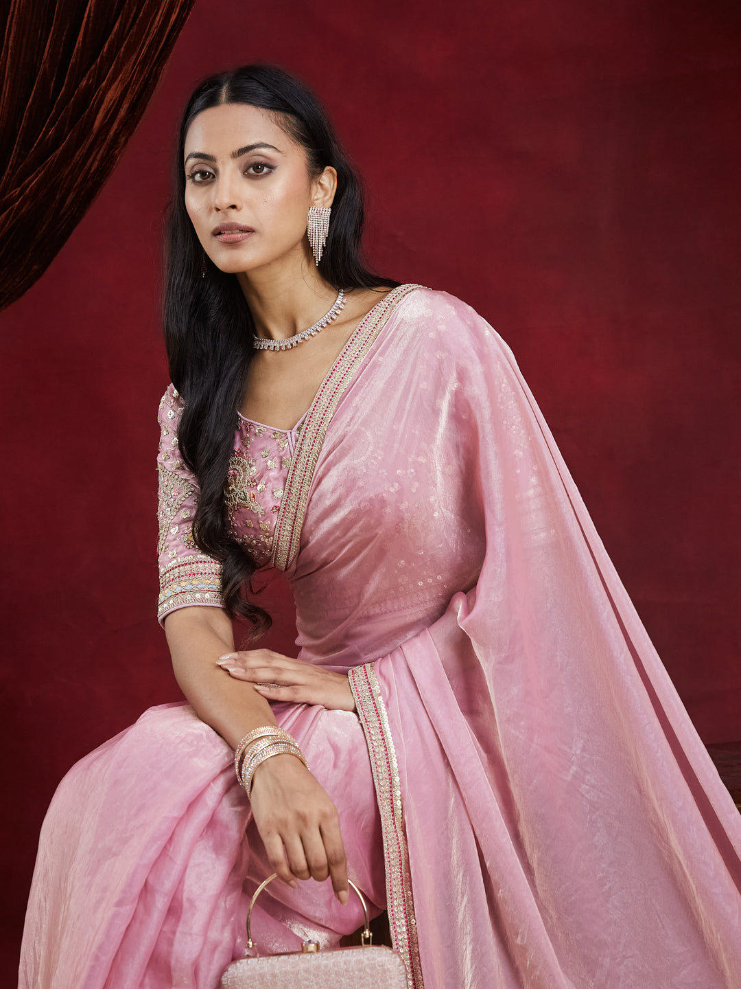 KASEE Women's Pink Solid slik Embroidred Ready to Wear Saree