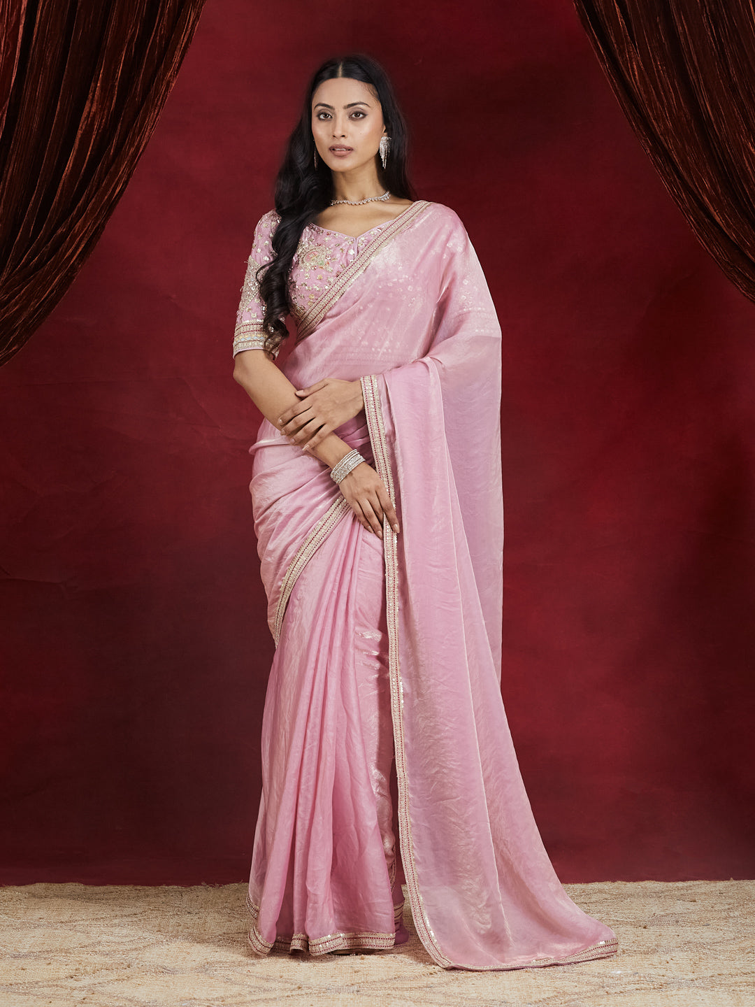 KASEE Women's Dusty Pink Silk Ready To Wear Saree with Golden Sequin Border
