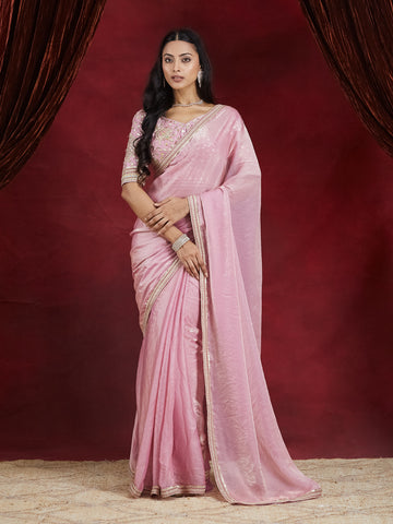 KASEE Women's Dusty Pink Silk Ready To Wear Saree with Golden Sequin Border