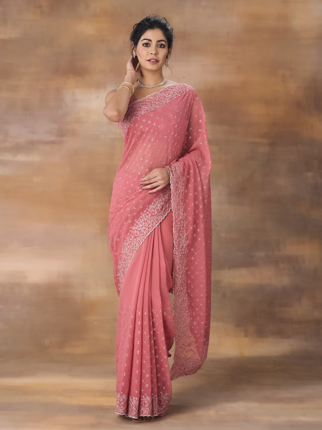 KASEE Women Onion Pink Floral Embroidered Georgette Saree
