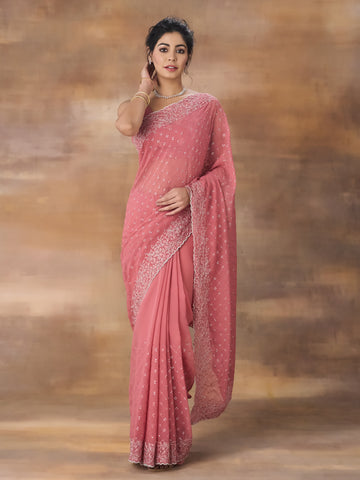 KASEE Women Onion Pink Floral Embroidered Georgette Saree