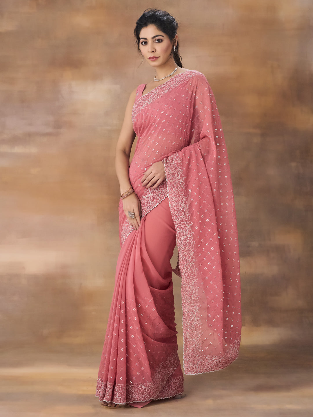 KASEE Women Onion Pink Floral Embroidered Georgette Saree