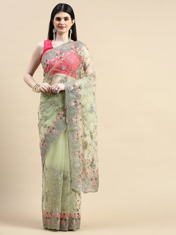 KASEE Women Floral Embroidered Zari Net Saree