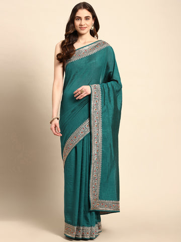 KASEE Women Rama Embroidered Saree with Multicolor Thread Border