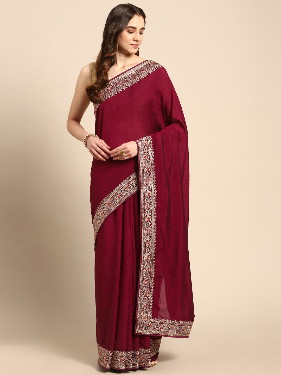 KASEE Women Wine Embroidered Saree with Multicolor Thread Border