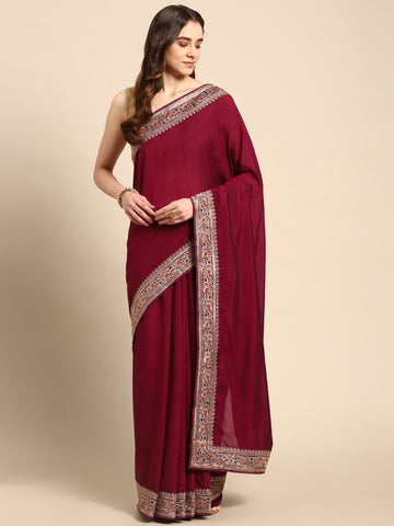 KASEE Women Wine Embroidered Saree with Multicolor Thread Border