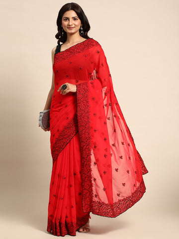KASEE Women Red Floral Embroidered Saree