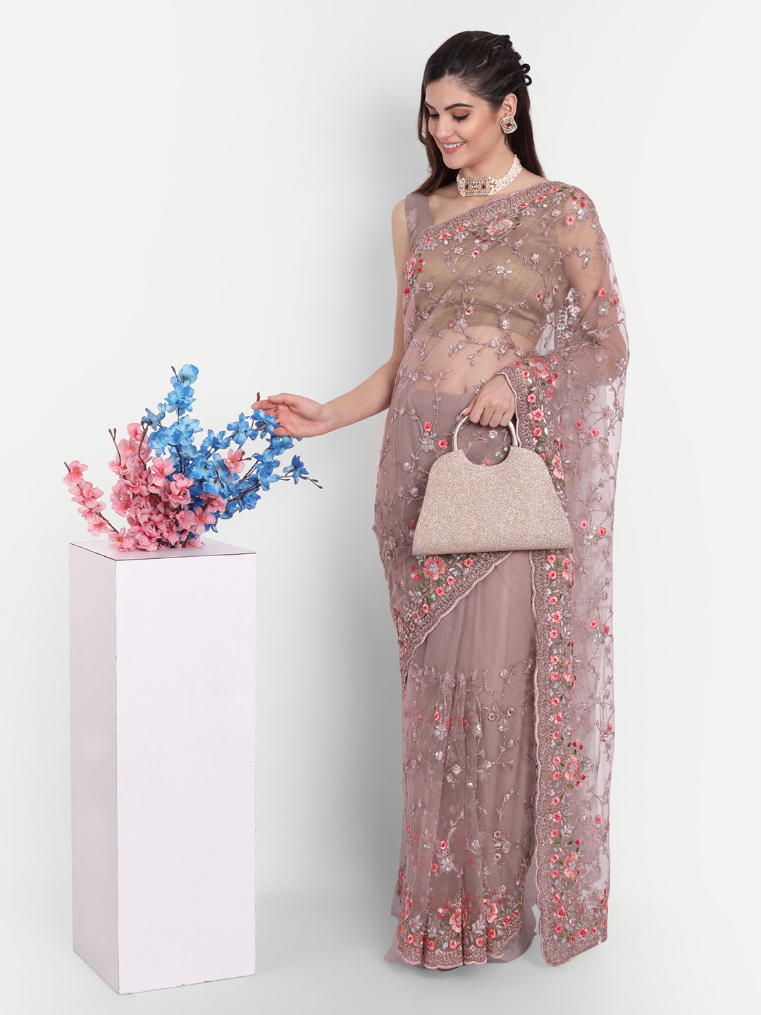 KASEE Women Lavender-Coloured Floral Embroidered Net Saree