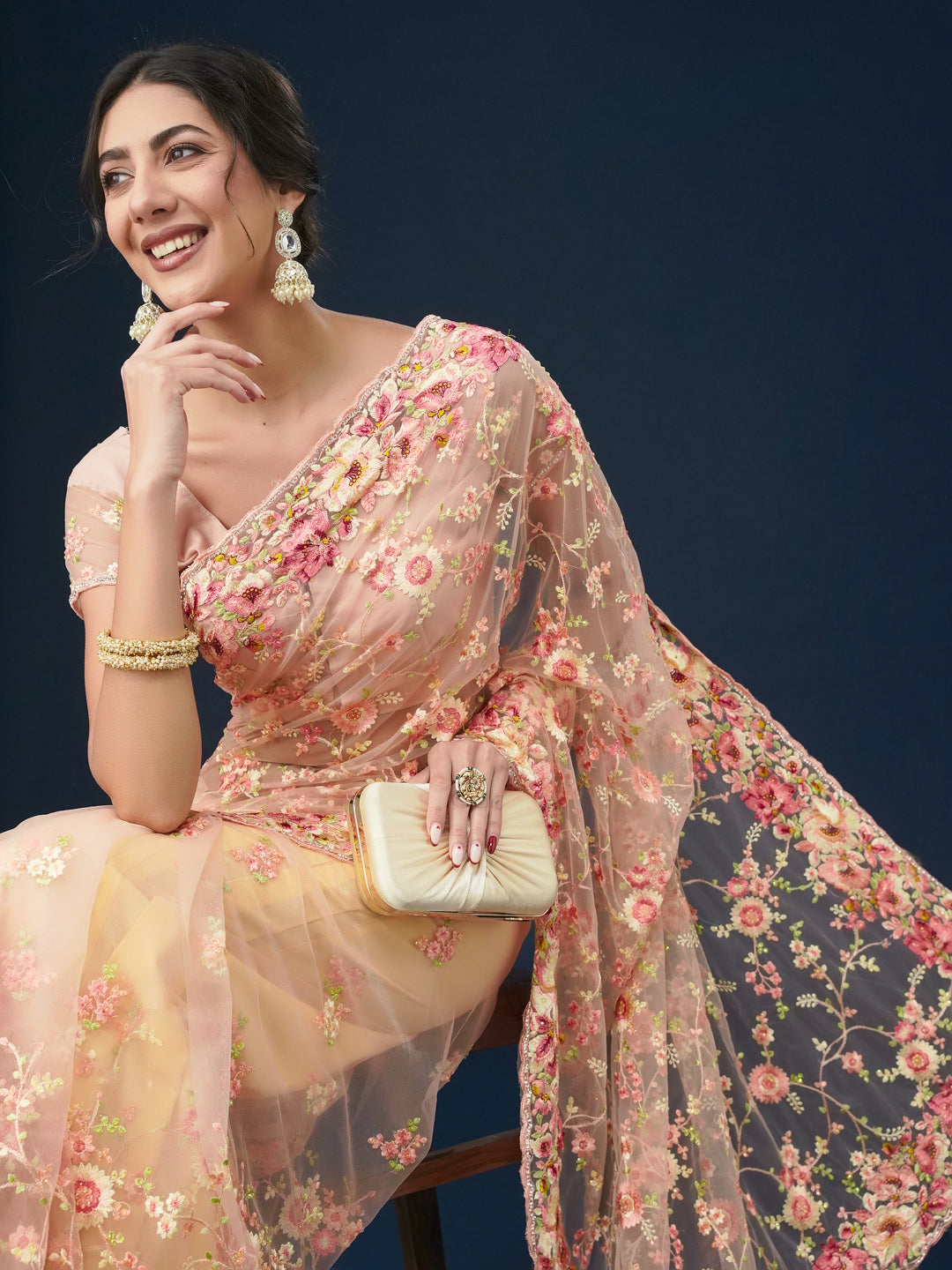 KASEE Women Pink Floral Embroidered Net Saree