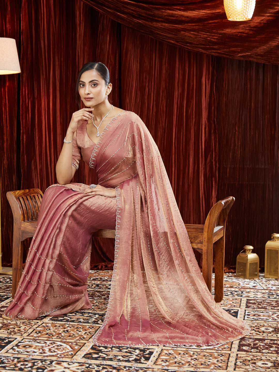 KASEE Women Silk Saree with Mirror Work Detailing and Striped Embellishments