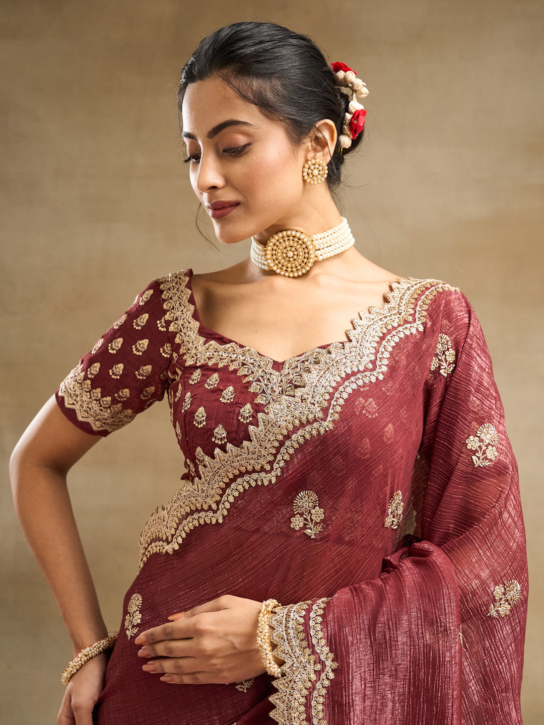 KASEE Women's Burgundy Silk Blend Saree with Golden Embroidered Floral Motifs