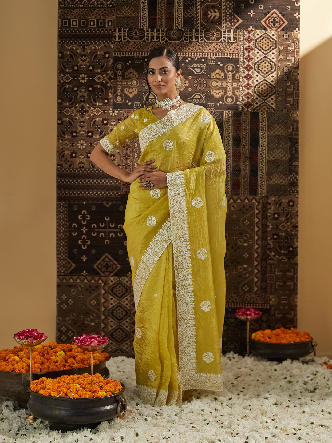 KASEE Women Yellow Floral Chikankari Silk Blend Saree