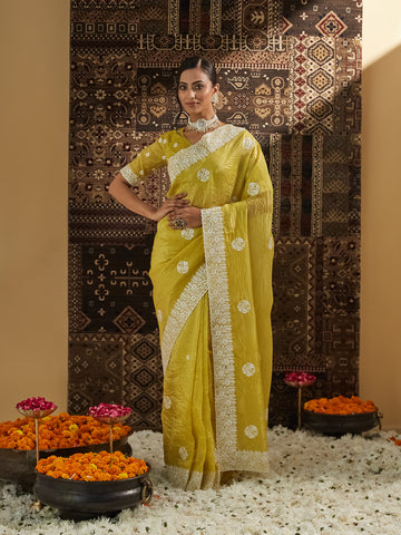 KASEE Women Yellow Floral Chikankari Silk Blend Saree