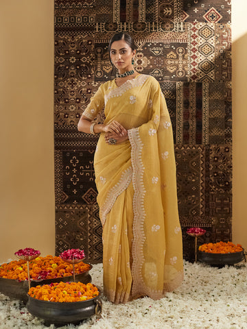 KASEE Women Golod Floral Phulkari Silk Blend Saree