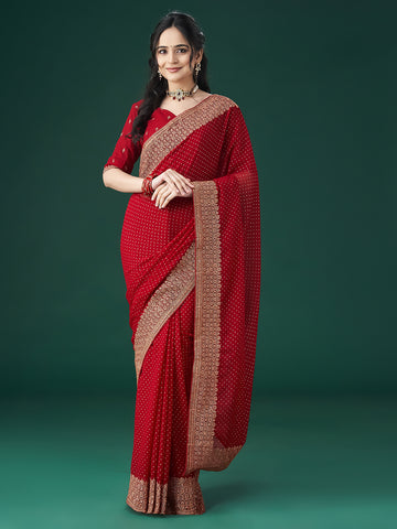 Kasee Women Maroon Embroidered Polka Dots Sarees