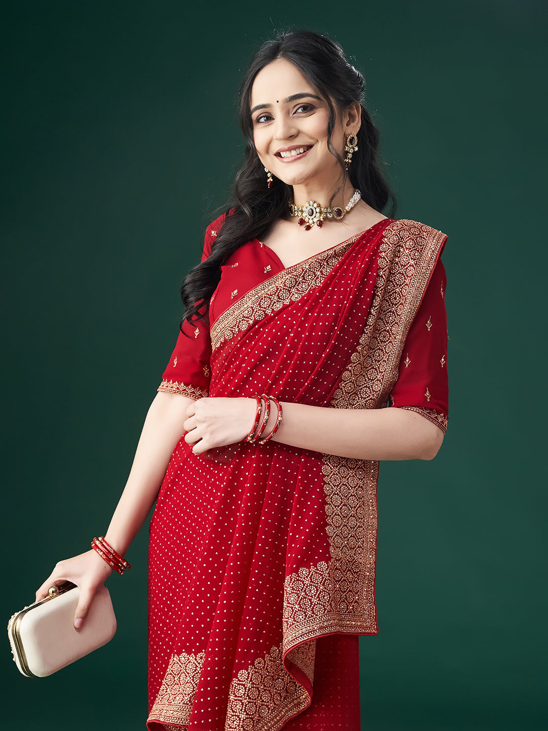 Kasee Women Maroon Embroidered Polka Dots Sarees