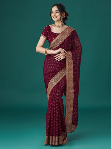 KASEE Women Wine Embroidered Polka Dots Sarees