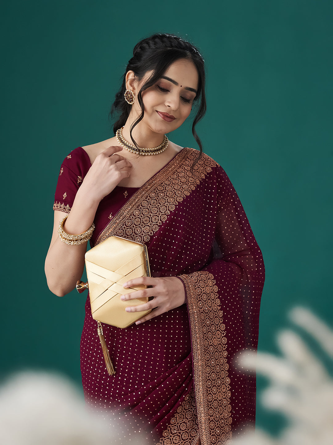 KASEE Women Wine Embroidered Polka Dots Sarees