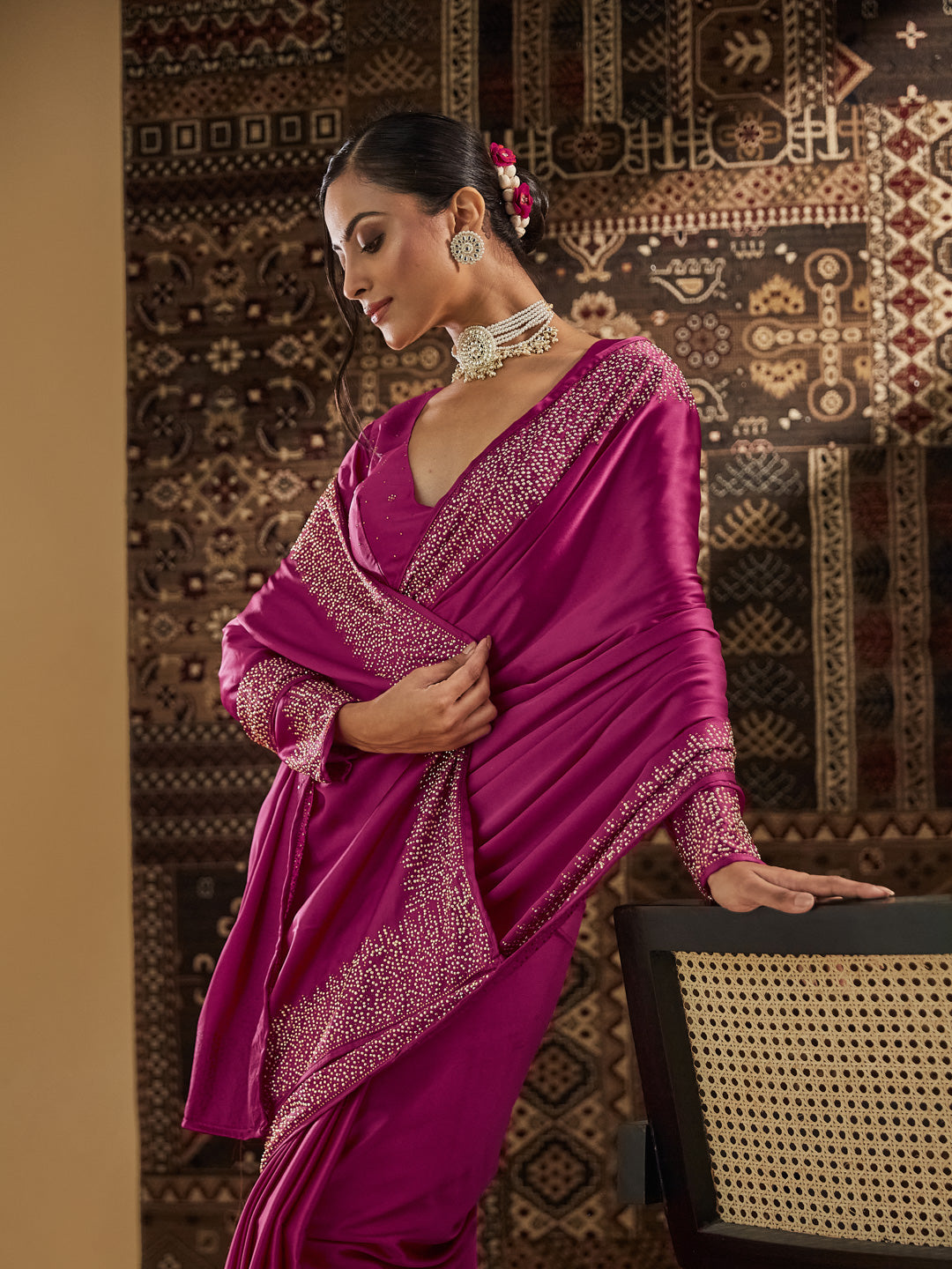 KASEE Women Pink Beads and Stones Satin Saree