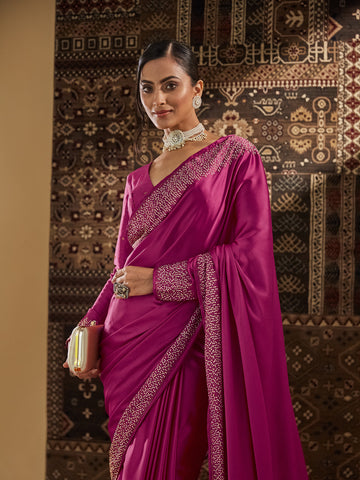 KASEE Women Pink Beads and Stones Satin Saree