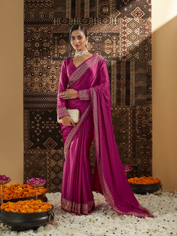 KASEE Women Pink Beads and Stones Satin Saree