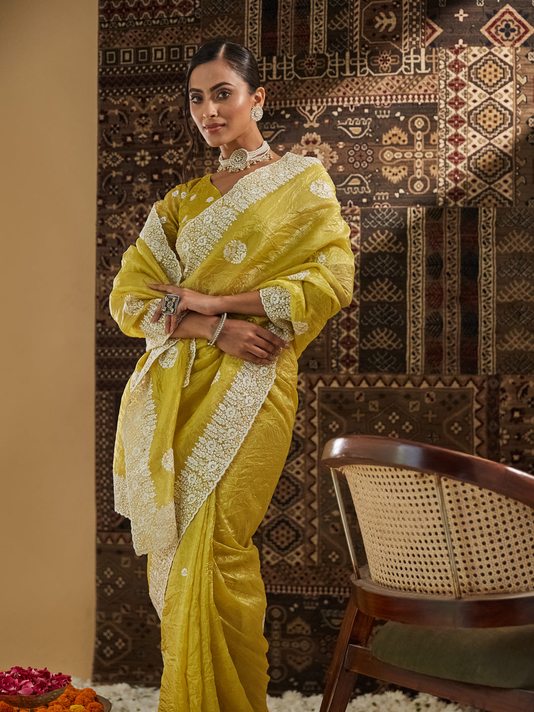 KASEE Women Yellow Floral Chikankari Silk Blend Saree