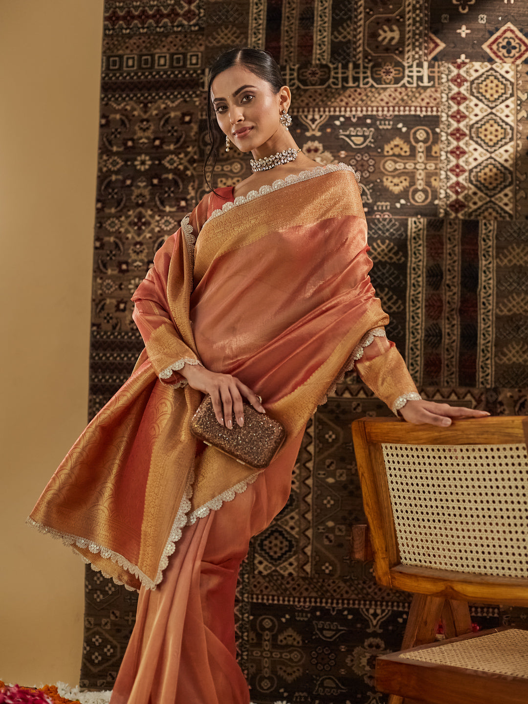 KASEE Women Peach Woven Design Embellished Saree
